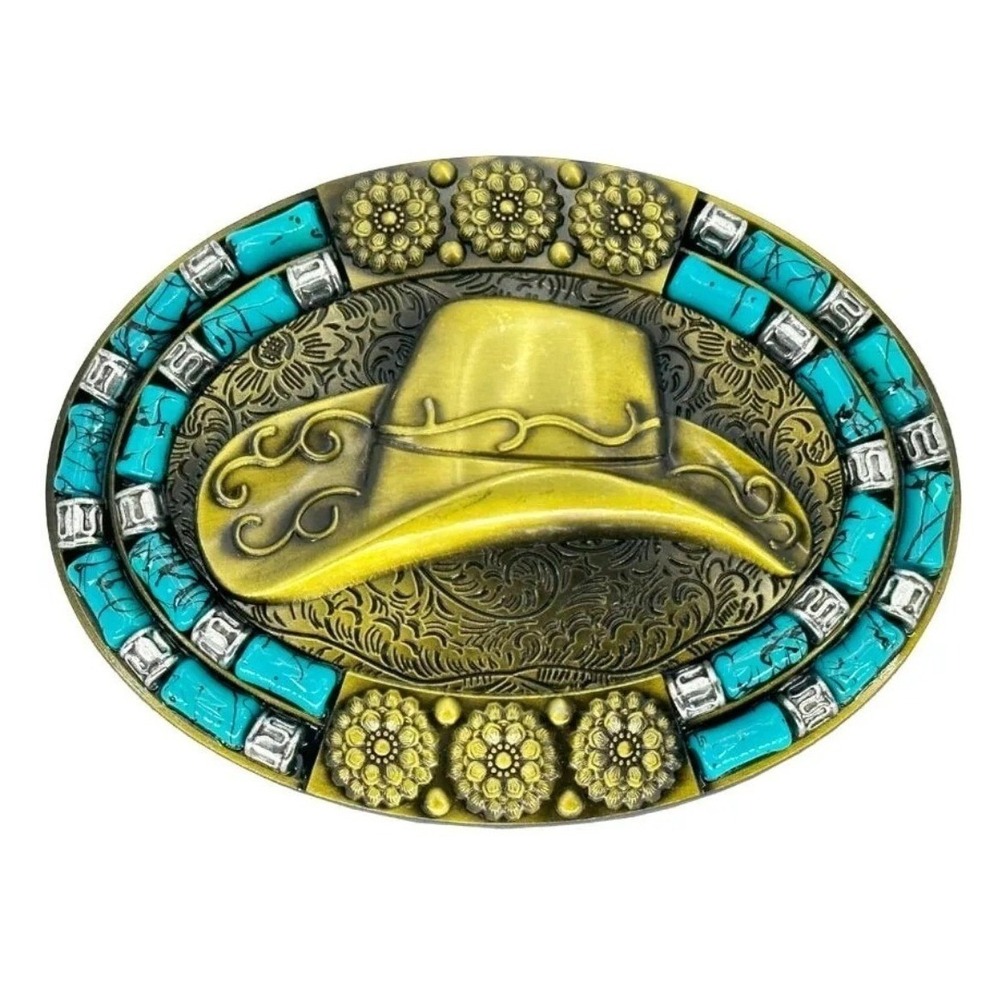 Western Cowboy Hat Oval Belt Buckle Turquoise Bead Engraved Brass Tone NWT